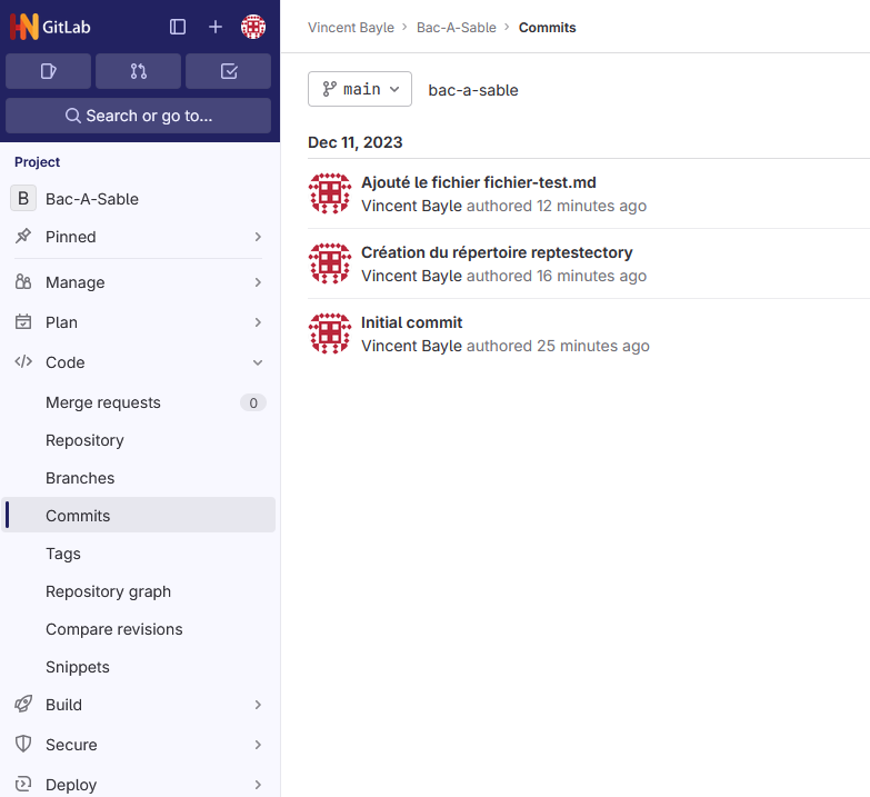 Vue de la liste des commits